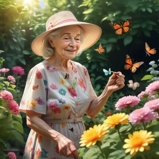 Prompt: older lady picking flowers in her backyard garden, (sunny day, vibrant colors), surrounded by lush greenery and blossoming flowers, serene and peaceful ambiance, wearing a comfortable floral dress and a wide-brimmed hat, cheerful expression on her face, garden tools scattered nearby, butterflies fluttering around, (4K, ultra-detailed, inviting atmosphere)