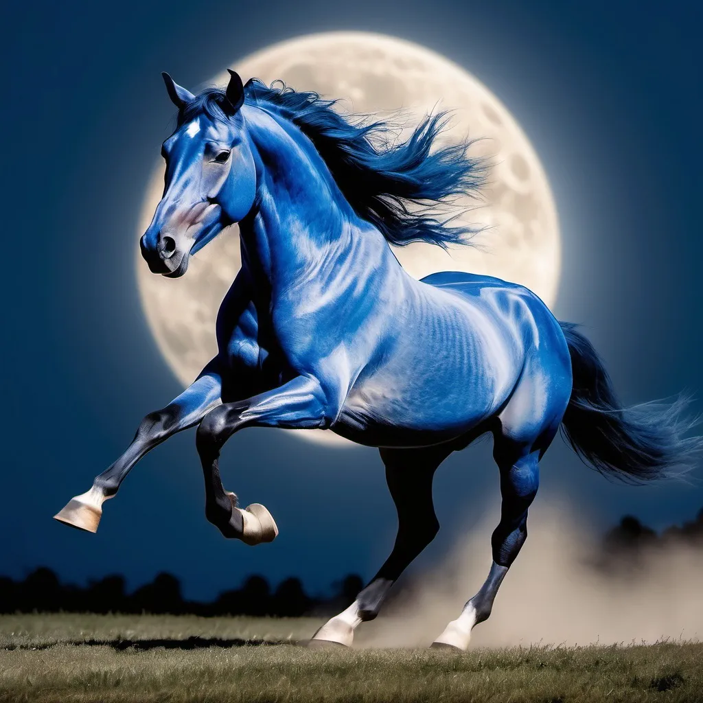 Prompt: Blue horse running in front of full moon