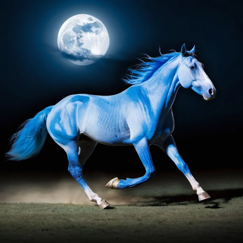 Prompt: Blue horse running in front of full moon