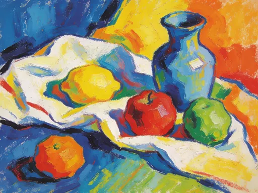 Prompt: generate an image of abstract oil pastel still life painting in blue yellow red green and orange