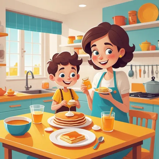 Prompt: book cover illustration, (flat design), (simple shapes), (vector), (colorful), (2D), cute cartoon characters, boy with mum in the kitchen eating pancakes and honey, bright and cheerful color palette, playful and whimsical style, engaging layout, appealing to children, inviting atmosphere, fun elements in the background, illustrations that spark imagination, captivating character design.