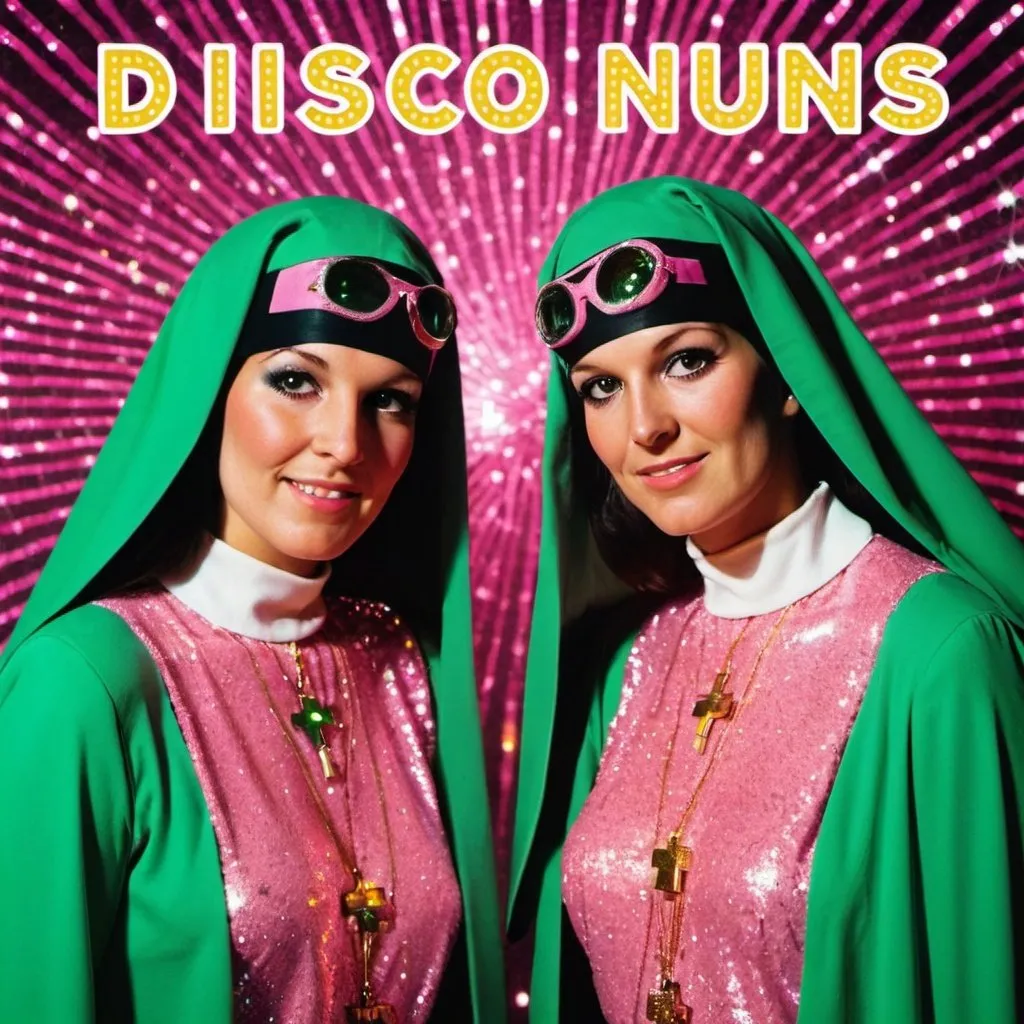 Prompt: 2 disco nuns  only album cover 70s groove, disco background with retro theme, sequins and pink feathers, glimmer and sparkle, pink and green and yellow lights