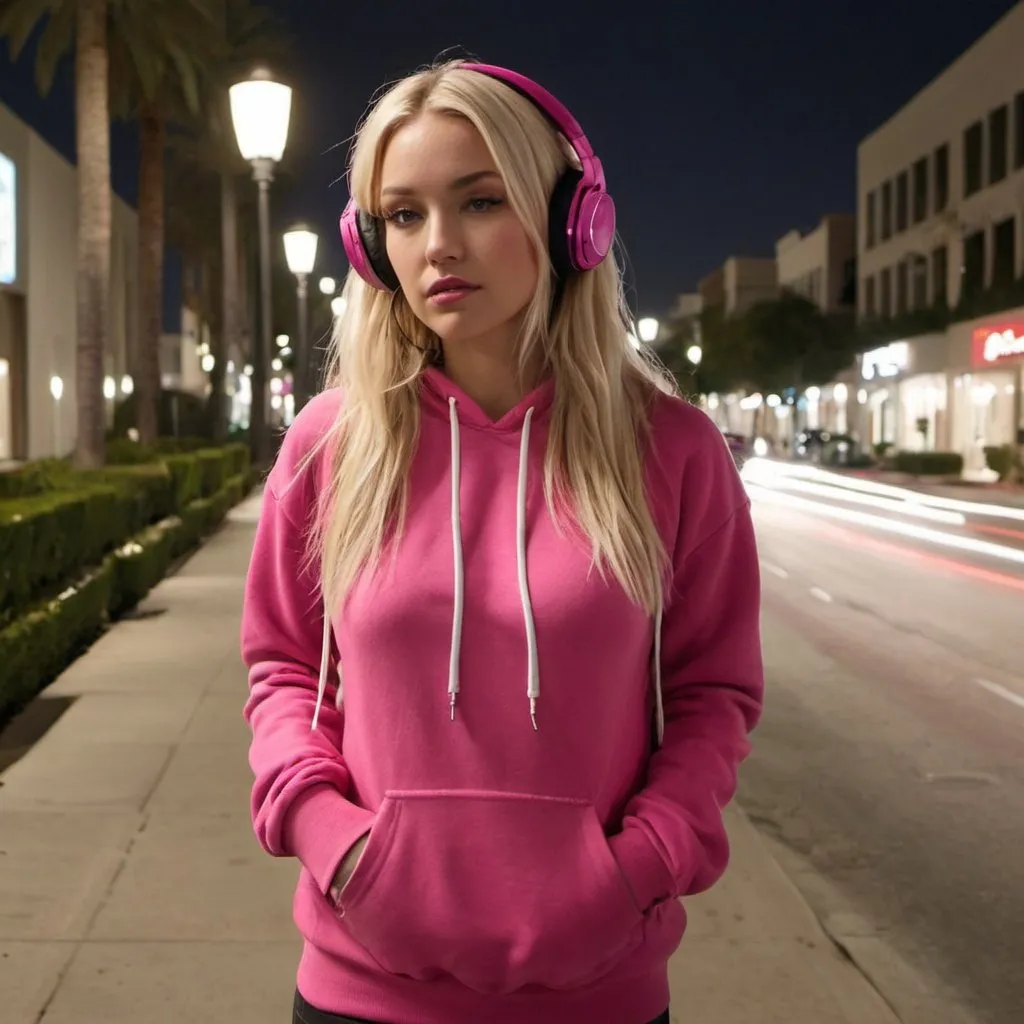 Prompt: Blonde pop singer edgy look with headphones walking along Beverly Hills at night wearing a dark pink fashion hoodie