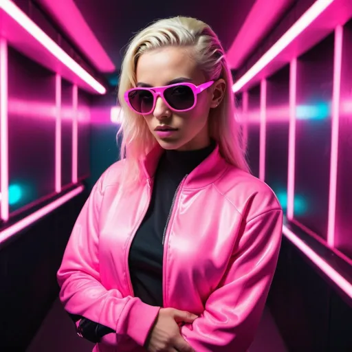 Prompt: Blonde pop star with villainous look, wearing pink and black track suit and sunglasses, futuristic techno club setting, intense and edgy vibe, neon lights casting a pink glow, high quality, futuristic, villainous, pop star, blonde hair, sunglasses, track suit, techno, intense atmosphere, vibrant neon lights