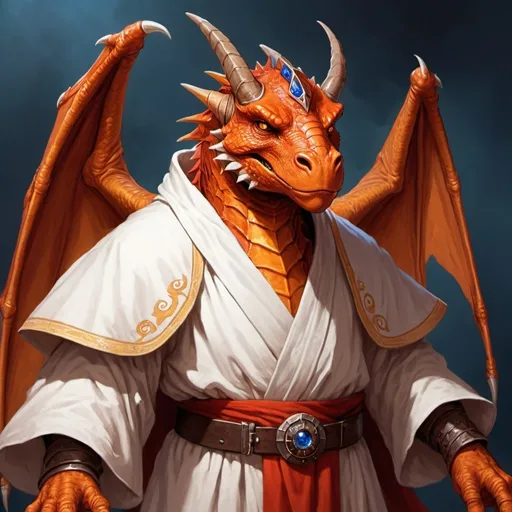 Prompt: Dungeons and Dragons. Fantasy. A very old reddish-orange dragonborn male with tucked wings dressed in a white robe trimmed with red, orange, and yellow. Dragonborn have a square snout. He has deep Blue eyes.