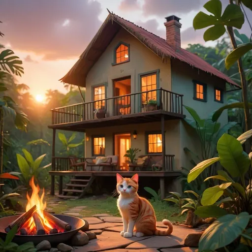 Prompt: a beautiful house in the jungle in the sunset while there is a campfire outside and next to it is a cute cat