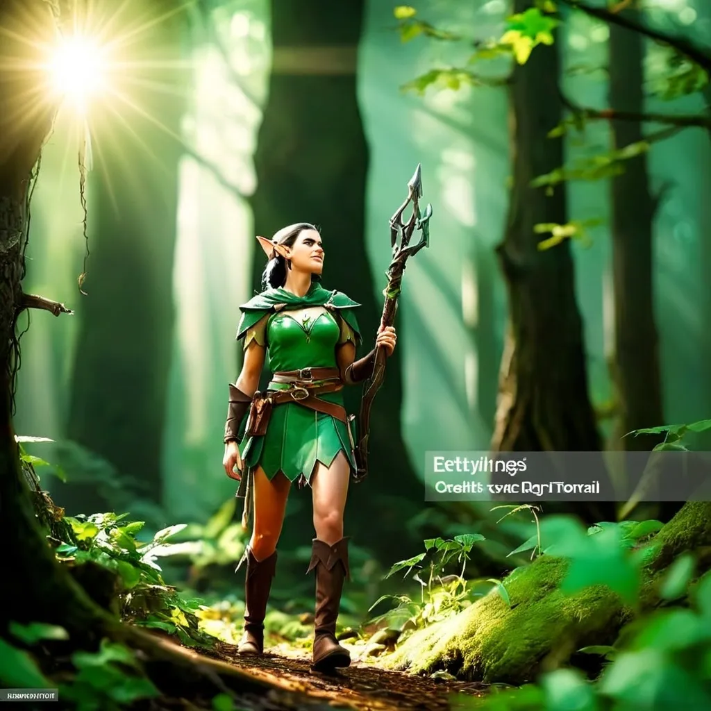 Prompt: Elf ranger in a mystical forest around sunlight