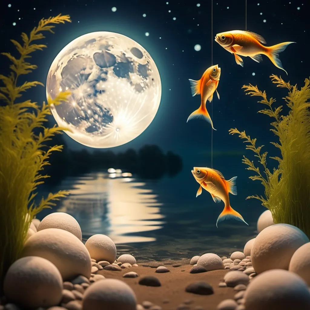 Prompt: real moon and fish in picture, about nature with love atmosphere and good vibes, using warm color for using in background, using in music cover.