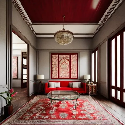 Prompt: Arc house.  Asiatic Traditional interior design.arc wall. Persian red rug. Wood table. White and gray sofa. Colored glass and reflection .Falling the color light of the windows on the floor of the house . Architectural Living room and hall interior design. Neoclassic wall. 