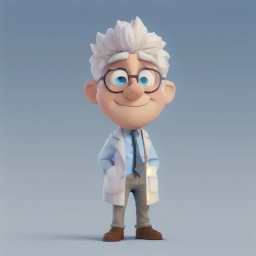 Prompt: A charming, cartoonish character with fluffy white hair stands proudly against a deep blue background. This character, resembling a classic scientist, wears a crisp white lab coat over a light blue shirt, complemented by a bold red tie and khaki pants. His large expressive eyes, round nose, and friendly smile enhance his approachable demeanor, while his pose—arms crossed slightly behind him—suggests confidence and warmth. The soft colors and rounded features give the image a playful and inviting quality, embodying a sense of both intelligence and whimsy.