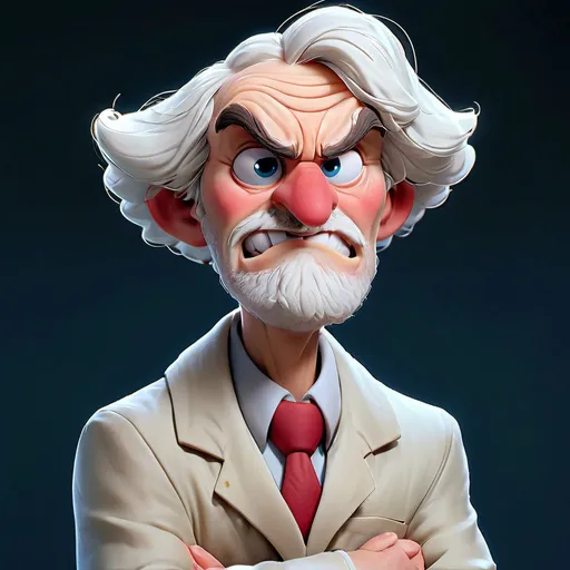 Prompt: A charming, cartoonish character with fluffy white hair stands proudly against a deep blue background. This character, resembling a classic scientist, wears a crisp white lab coat over a light blue shirt, complemented by a bold red tie and khaki pants. His large expressive eyes, round nose, and friendly smile enhance his approachable demeanor, while his pose—arms crossed slightly behind him—suggests confidence and warmth. The soft colors and rounded features give the image a playful and inviting quality, embodying a sense of both intelligence and whimsy.