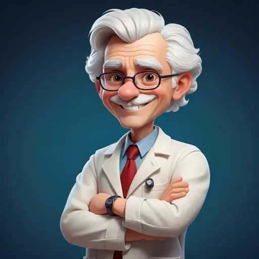 Prompt: A charming, cartoonish character with fluffy white hair stands proudly against a deep blue background. This character, resembling a classic scientist, wears a crisp white lab coat over a light blue shirt, complemented by a bold red tie and khaki pants. His large expressive eyes, round nose, and friendly smile enhance his approachable demeanor, while his pose—arms crossed slightly behind him—suggests confidence and warmth. The soft colors and rounded features give the image a playful and inviting quality, embodying a sense of both intelligence and whimsy.