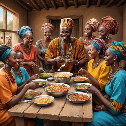 Prompt: Realistic digital painting of an African man enjoying a meal with his 6 wives and children, warm and vibrant colors, authentic African attire, joyful expressions, detailed facial features, traditional setting, realistic texture, communal dining, lively atmosphere, high quality, realistic, authentic, vibrant colors, traditional attire, communal gathering, detailed expressions, realistic texture, family bonding, joyful, traditional setting