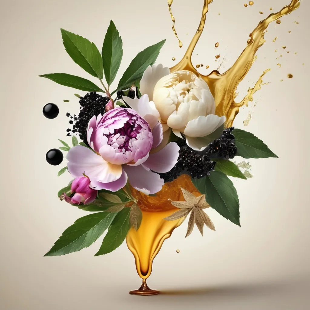 Prompt: Create a very realistic full sensory experience high definition picture all merged together Peony flower, Violet, Ylang Ylang flower, Jasmine,Black Currant  as the main focus with Lemon, Bergamot,  Cedar, Tobacco, of light beige smoke, Vetiver, Sandalwood, thin leather on the side, amber oil splashing,  all over on the bottom all merged together with Light beige background.