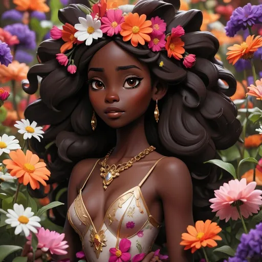 Prompt: Dark skin princess surrounded by flowers