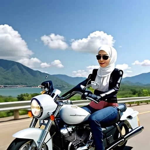 Prompt: Imagine a scene where a confident Muslim woman with a headscarf is riding a sleek Harley Davidson motorcycle. She's cruising along a scenic road with the majestic Thailand temple. The sky is clear blue, with a few fluffy clouds adding to the serene yet exhilarating atmosphere of the scene. The woman's scarf gently flutters in the wind as she enjoys the freedom and thrill of riding her motorcycle in this picturesque setting.