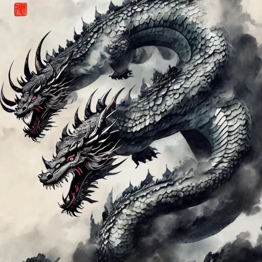 Prompt: Traditional Chinese painting of a majestic dragon, ink wash technique, swirling clouds and mist, high quality, detailed scales, expressive brushstrokes, vibrant colors, mythical creature, powerful presence, dynamic composition, intricate details, classic art style, ethereal lighting, dramatic atmosphere