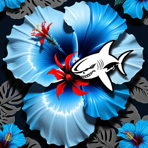 Prompt: Electric Blue Hibiscus flower with a shark, mixed with a yin yang symbol in red