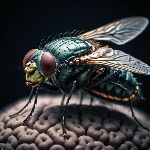 Prompt: (big Fly
Insect sitting on a brain), equal in size to the brain, hyper-detailed, surreal atmosphere, *high contrast*, intricate textures, unsettling emotion, dark and moody lighting, muted colors, highly detailed background, organic patterns, ultra-detailed, 4K resolution, photorealistic, exceptionally sharp focus, macro photography style, ethereal shadows and highlights. I want to have whole brain and whole Fly in image