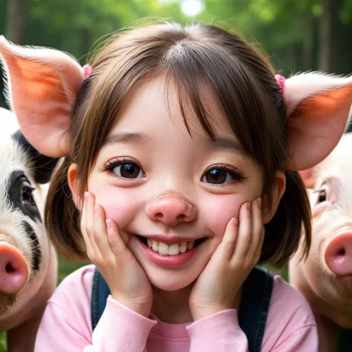 Prompt: Beautiful pig snout girl happy oink kawai