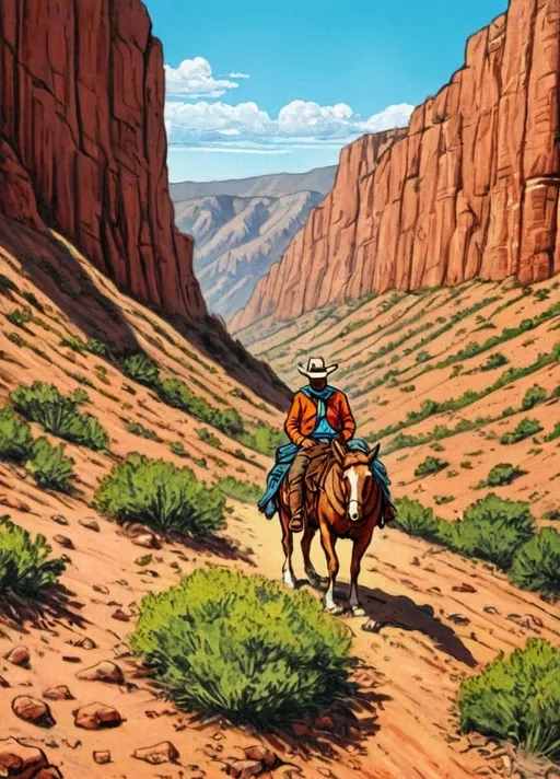 Prompt: detailed, vibrant illustration of a cowboy in the copper canyons the sierra of Chihuahua state, by Herge, in the style of Tin-Tin comics, vibrant colors, detailed, sunny day, attention to detail, 8k