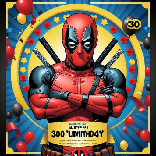 Prompt: INVITATION CARD WITH DETAILS BELOW:
30TH BIRTHDAY PARTY FOR GLENN MARK
Theme: DEADPOOL VS WOLVERINE
ADDRESS: 209 ELLINGTON DRIVE
TIME: 5:00 PM to 11:59 PM
BRING YOUR OWN BOOZE
DRESS CODE: DEADPOOL (BLACK/RED) or WOLVERINE (BLUE/YELLOW)