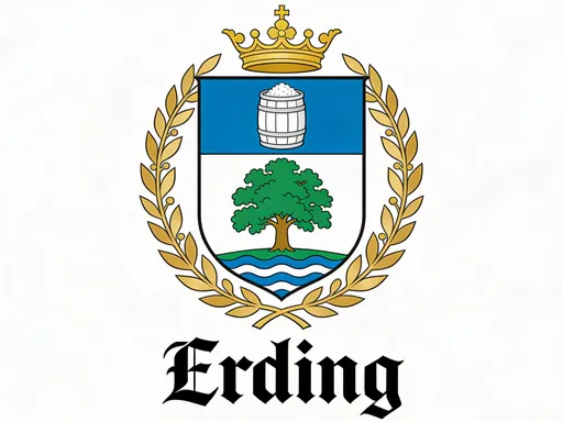 Prompt: Ein bayrisches Wappen das für die Bayrische Natur und Sehenswürdigkeiten stehen soll. Der Name der Stadt heißt "Erding"