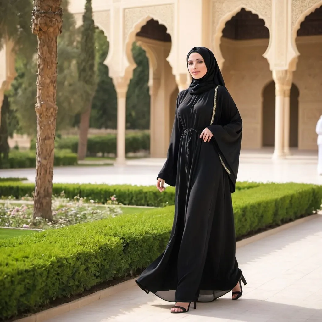 Prompt: Beautiful woman wearing abaya walking  in a palace garden 