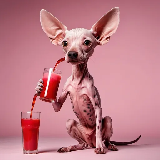 Prompt: Monster hairless spotted pink long eared dog standing on hind legs and drinking red juice