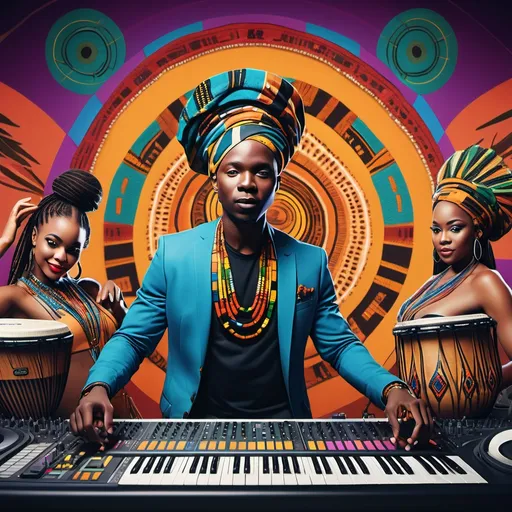 Prompt: A vibrant collage-style hero image that merges elements of music studio sessions, live concerts, and rich South African cultural elements. The scene includes a modern music producer working in a sleek studio with digital equipment, a live performance with energetic dancers and musicians in traditional attire, and cultural symbols like African drums and beadwork patterns. In the background, there are bright, colorful lights and an audience enjoying a festival. The image represents a fusion of heritage and modern creativity, reflecting the company's focus on music production, event organization, and cultural preservation.