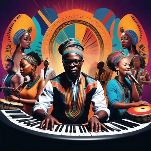 Prompt: A vibrant collage-style hero image that merges elements of music studio sessions, live concerts, and rich South African cultural elements. The scene includes a modern music producer working in a sleek studio with digital equipment, a live performance with energetic dancers and musicians in traditional attire, and cultural symbols like African drums and beadwork patterns. In the background, there are bright, colorful lights and an audience enjoying a festival. The image represents a fusion of heritage and modern creativity, reflecting the company's focus on music production, event organization, and cultural preservation.