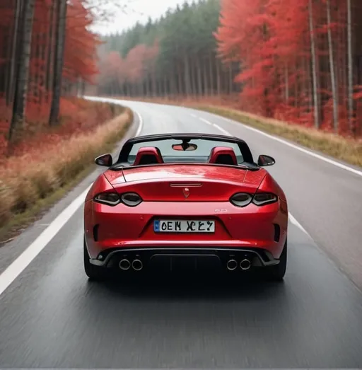 Prompt: photo of the back of a red sports car passing on a road near the forest