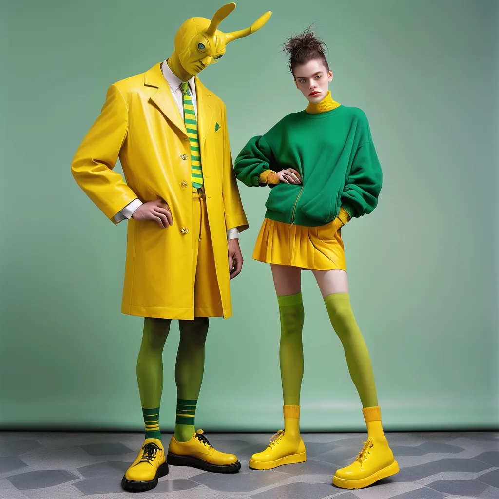 Prompt: a man in a yellow dress and green socks is posing for a photo with a yellow jacket and green socks, Christian W. Staudinger, neo-expressionism, fashion, a surrealist sculpture