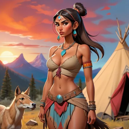 Prompt: Comic art style tall, petite waist, indian girl, showing cleavage, with bun style hair, holding horse reigns at early native American camping site of vibrant colors and atmospheric skies showing coyote on mountain in distant background