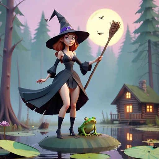 Prompt: Low poly style witch standing, curvy waist, with flying broomstick in hands, through the dense forest trees, with log cabin in the distance, over misty pond with small frog on slimy lillypad, during twilight, high quality