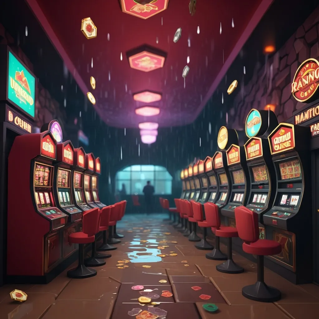 Prompt: Low poly style epic underground casino, active with customers romantically playing slot machines, raining outside