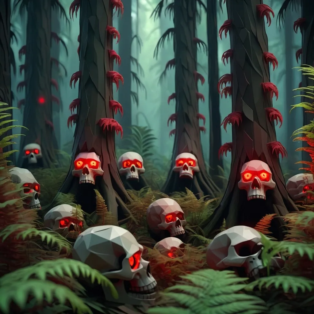 Prompt: Low poly style dense dark jungle of cypress trees with hundreds of skulls with glowing red eyes in the growing ferns