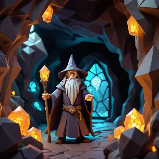 Prompt: Low poly style wizard in cave of skulls with cob webs and and a glowing glass window portal in the distance, high quality