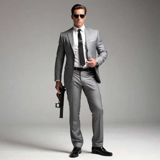 Prompt: a well built guy in a tight grey suit, white shirt, black tie, black shoes in standing position with a revolver in one hand and wearing a black aviator sunglasses