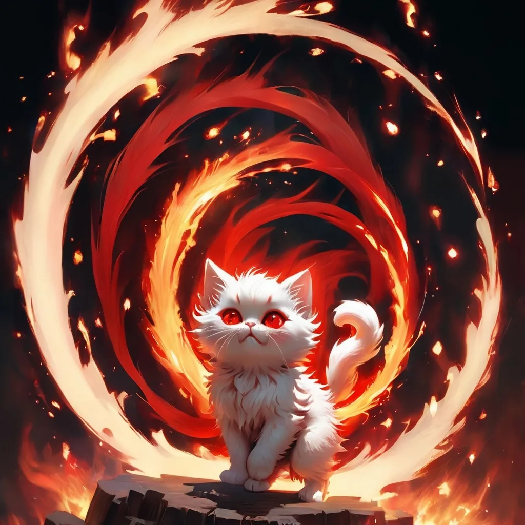 Prompt: Cute, red, fluffy, fantasy fire kitten, with firey, red eyes, and red fur, possessing the element of fire and making circles of fire move around in the air in a magical way, with a burning background. Krenz Cushart + loish +gaston bussiere +craig mullins, j. c. leyendecker +Artgerm.