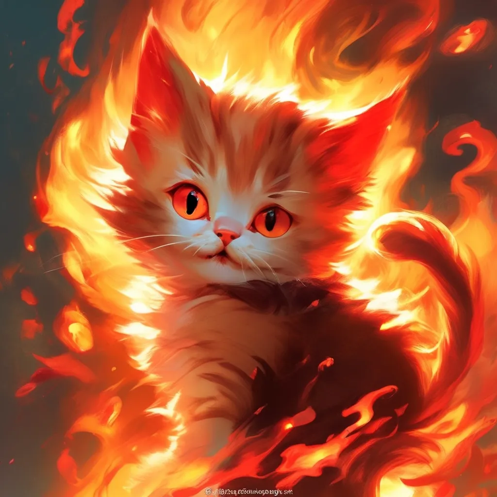 Prompt: Cute, red, fluffy, fantasy fire kitten, with firey, red eyes, and red fur, possessing the element of fire and making circles of fire move around in the air in a magical way, with a burning background. Krenz Cushart + loish +gaston bussiere +craig mullins, j. c. leyendecker +Artgerm.