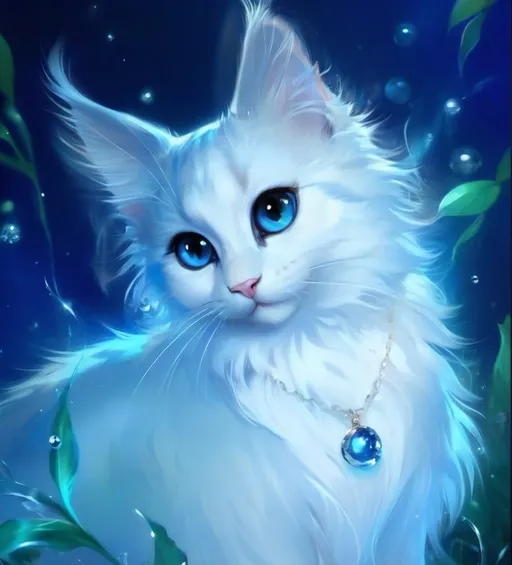 Prompt: Cute, blue, fluffy, fantasy water kitten, with river-like, blue eyes, and blue fur,  possessing the element of water and making circles of water move around in the air in a magical way, in a river. Krenz Cushart + loish +gaston bussiere +craig mullins, j. c. leyendecker +Artgerm.