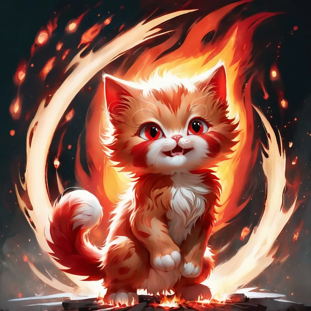 Prompt: Cute, red, fluffy, fantasy fire kitten, with firey, red eyes, and red fur, possessing the element of fire and making circles of fire move around in the air in a magical way, with a burning background. Krenz Cushart + loish +gaston bussiere +craig mullins, j. c. leyendecker +Artgerm.