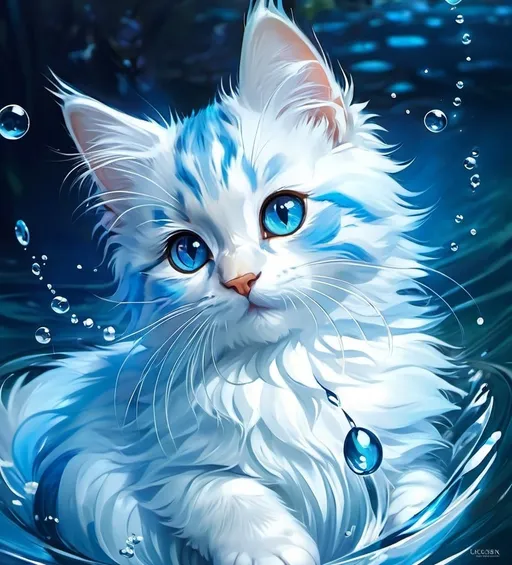 Prompt: Cute, blue, fluffy, fantasy water kitten, with river-like, blue eyes, and blue fur,  possessing the element of water and making circles of water move around in the air in a magical way, in a river. Krenz Cushart + loish +gaston bussiere +craig mullins, j. c. leyendecker +Artgerm.