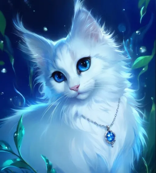 Prompt: Cute, blue, fluffy, fantasy water kitten, with river-like, blue eyes, and blue fur,  possessing the element of water and making circles of water move around in the air in a magical way, in a river. Krenz Cushart + loish +gaston bussiere +craig mullins, j. c. leyendecker +Artgerm.