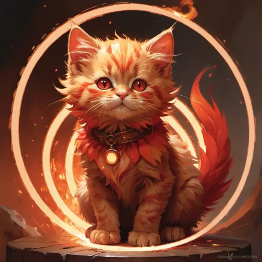 Prompt: Cute, red, fluffy, fantasy fire kitten, with firey, red eyes, and red fur, possessing the element of fire and making circles of fire move around in the air in a magical way, with a burning background. Krenz Cushart + loish +gaston bussiere +craig mullins, j. c. leyendecker +Artgerm.