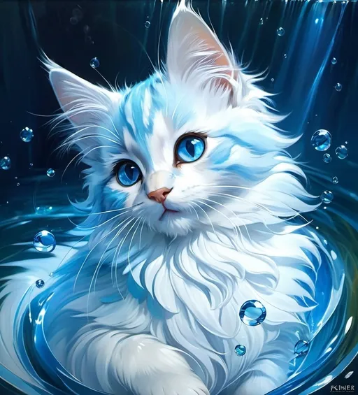 Prompt: Cute, blue, fluffy, fantasy water kitten, with river-like, blue eyes, and blue fur,  possessing the element of water and making circles of water move around in the air in a magical way, in a river. Krenz Cushart + loish +gaston bussiere +craig mullins, j. c. leyendecker +Artgerm.