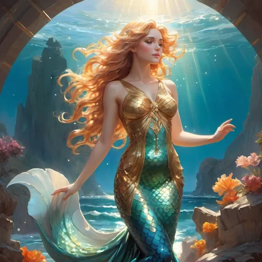 Prompt: Greek goddess of light, flowing hair and wearing a sparkly mermaid dress. Krenz Cushart + loish +gaston bussiere +craig mullins, j. c. leyendecker +Artgerm.
