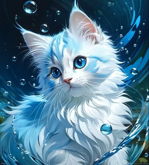 Prompt: Cute, blue, fluffy, fantasy water kitten, with river-like, blue eyes, and blue fur,  possessing the element of water and making circles of water move around in the air in a magical way, in a river. Krenz Cushart + loish +gaston bussiere +craig mullins, j. c. leyendecker +Artgerm.