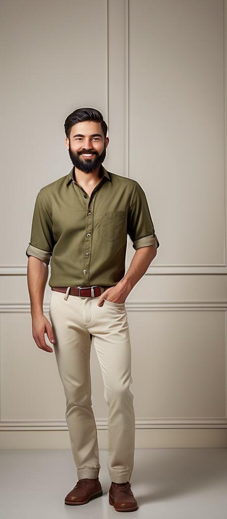 Prompt: Standing confidently in a working environment, a young man sports an olive green button-up shirt and cream-colored trousers, his clothing conveying a casual yet stylish demeanor. He has a subtle smile on his face, complemented by a prominent beard and neatly styled hair, alongside a small red mark on his forehead, hinting at cultural significance. The background features a sewing machine and colorful spools of thread, with fabrics laid out on a table, suggesting a creative atmosphere dedicated to garment making. Natural light pours in, illuminating the scene and casting gentle shadows on the textured floor, enhancing the relaxed yet industrious vibe of the room. Overall, the setting captures a moment of inspiration in a space where craft and creativity converge.